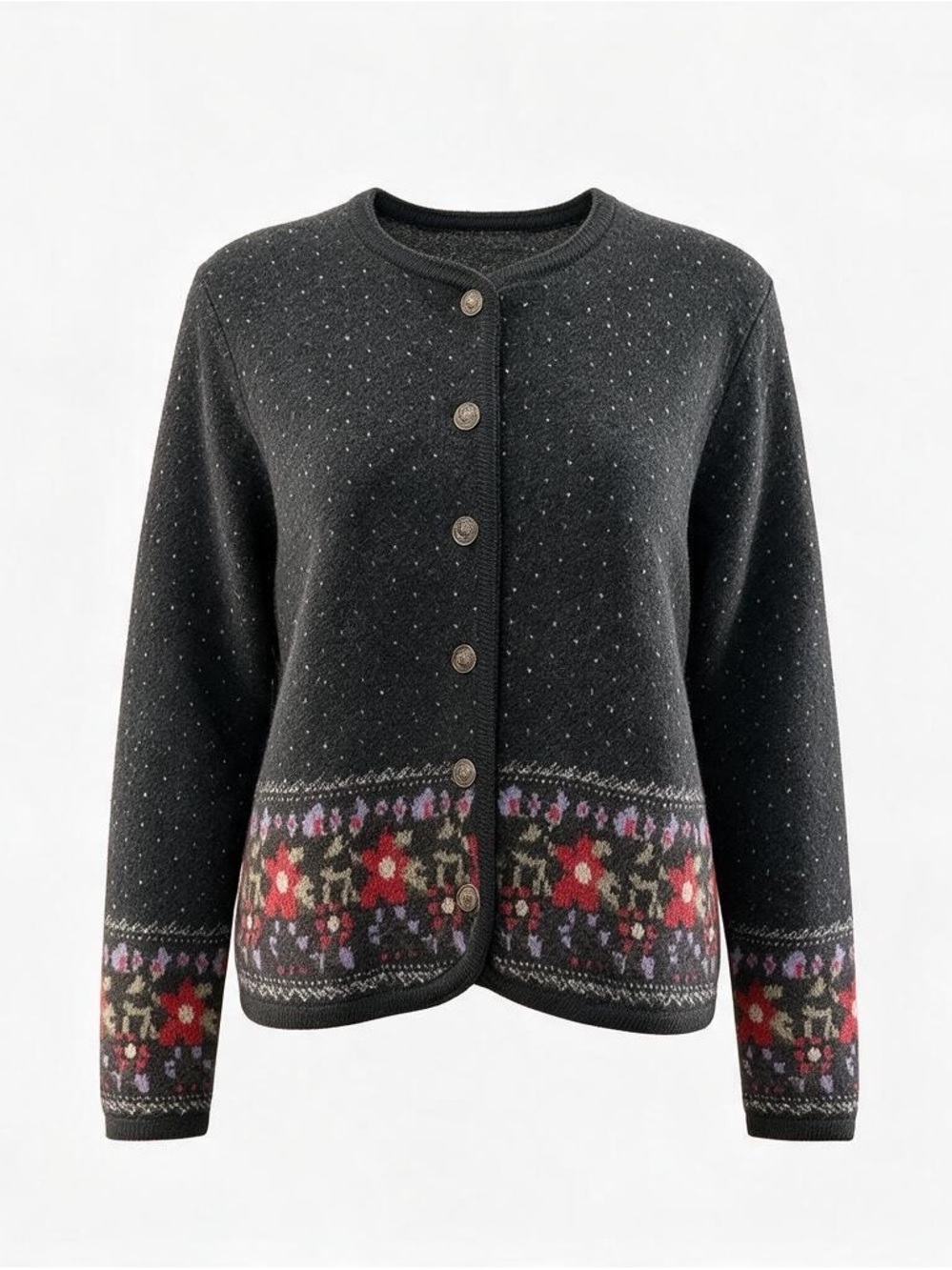 Vintage Tally-Ho Creation 100% Wool Floral Fair Isle Cardigan Sweater
